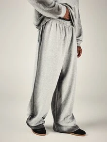 SUMWON Wide Leg Sweatpants With Bold Gothic Logo Back Print Elastic Drawstring Waist Oversized Fleece Jogger Pants Fall Winter Streetwear - Grey - View 2