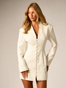 AiiRZ Blazer Mini Dress With V-Neck Long Sleeves Button Front Closure Structured Shoulders Tailored Fit Spring Summer Party - Beige - View 1