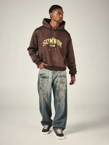 SUMWON Club New York Varsity Arch Text Washed Oversized Pullover Hoodie With Drawstring Long Sleeve Casual Winter Essential - Chocolate Brown - View 3