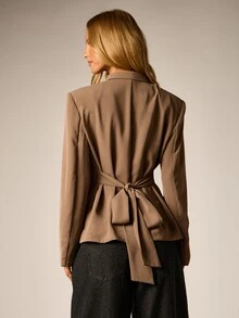 AiiRZ Double Breasted Belted Blazer Jacket With Lapel Collar Black Buttons Back Tie Detail Long Sleeves Hip Length Tailored Fit Fall Winter - Brown - View 2