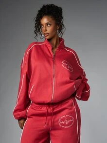 BABYPHAT Áo nỉ kéo khóa cổ phễu dáng rộng với chi tiết viền chạy dọc - Đỏ - Xem 3