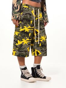 SUMWON WOMEN Camouflage Cargo Bermuda Shorts With Pearl Stud Embellishments Drawstring Waist Multi Pocket Y2K Street Style - Yellow - View 3