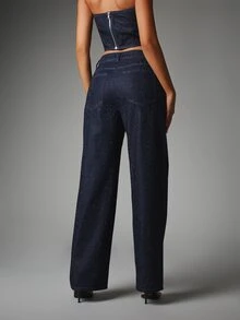 MISSGUIDED High Rise Wide Leg Dark Wash Rhinestone Embellished Denim Jeans With All Over Crystal Stud Detail For Party Night Out - Black - View 3
