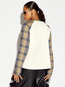 SUMWON WOMEN Oversized State 1990 Gothic Text Circle Print Raglan Long Sleeve Crew Neck Color Block Plaid Sleeve Top - Multicolor - View 2