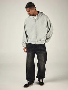 SUMWON Oversized Full-Zip Hoodie With Raglan Sleeves Elasticated Hem And Decorative Zipper Pull Casual Winter Layering Essential - Grey - View 3