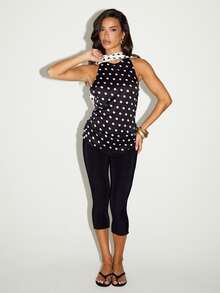 FASHION SZN Damen Kontrast Schal Polka Dot Satin Top, Polka Dot Satin Top, Satin Polka Dot Top, Polka Dot Top, Satin Top, Ärmelloses Satin Top, Kontrast Detail Top, Kontrast Saum Top, Statement Top, Elegantes Top, Date Night Top, Anlass Top, Abend Top, Figur schmeichelndes Top, Herbst Winter Top, AW Top, Übergangs Top, Key Trending Item, Garderoben Grundausstattung. - Schwarz und Weiss - Übersicht 5