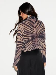 KIZN Oversized Abstract Swirl Print Deep Plunge Collared Crop Blouse With Bell Sleeves Semi Sheer Chiffon Party Night Out Top - Multicolor - View 3