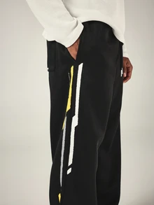 SUMWON Wide Leg Black Sweatpants With Contrast Applique Side Stripe Detail Drawstring Waist Relaxed Fit Full Length Lounge Trousers - Black - View 5