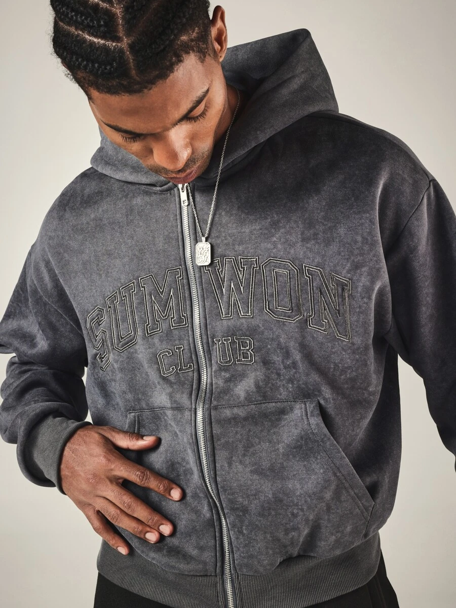 SUMWON Club Acid Washed Full-Zip Oversized Hoodie With Embroidered Varsity Text Chest Print And Ribbed Hem - Light Grey - View 1