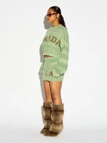 SUMWON WOMEN Canada Intarsia Text Rhinestone Detail Crew Neck Oversized Crop Sweater Knit Pullover Fall Winter Festive Holiday Season - Army Green - View 5