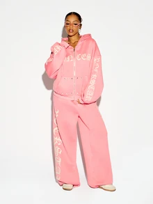 SUMWON WOMEN Oversized Full-Zip Sweatshirt With Old English Gothic Text Sleeve Print Metal Eyelet Detail Long Sleeve Casual Spring Streetwear Top - Pink - View 5