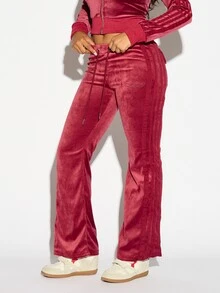 SUMWON WOMEN Velvet Flared Track Pants With Side Stripe Detail Low Rise Drawstring Waist And Tonal Embroidered Logo Patch Pockets Full Length - Red - View 1