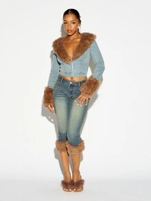 SUMWON WOMEN Cropped Denim Jacket With Faux Fur Collar And Cuffs Trim Zip Front Fitted Fall Winter Shearling Style Outerwear - Light Wash - View 3
