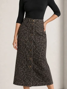 ELLERISSA Leopard Print High Waist Button Front Denim Midi Pencil Skirt - Multicolor - View 5