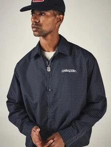 SUMWON Eternal Beyond Time Connection Space Graphic Back Print Checked Shirt With Script Embroidery Long Sleeve Button Down Collared Overshirt - Blue - View 6