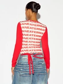SUMWON WOMEN Maneater AOP Text Print Raglan Crop Top Long Sleeve Crew Neck Fitted Knit Statement Tee Spring Summer Festival Style - Red and White - View 5