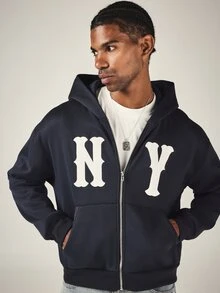 SUMWON Hoodie Full Zip Oversize NY New York dengan Huruf Applique Tebal, Saku Samping, Lengan Panjang, Kasual, untuk Lapisan Musim Dingin - Navy Blue - View 6
