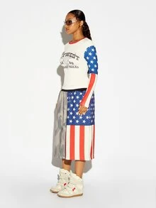 SUMWON WOMEN Oversized Wide Leg Midi Shorts American Flag And Camouflage Color Block Print Elastic Waist Fourth Of July Summer Festival Statement Bottoms - Multicolor - View 3