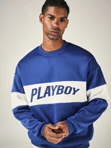 PLAYBOY X SUMWON Regular Oversized Crew Neck Sweatshirt With Embroidered Logo Color Block White Stripe Long Sleeve Casual Pullover Top - Blue and White - View 4