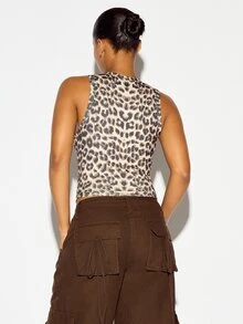 SUMWON WOMEN Baddies Leopard Print Sleeveless Crop Tank Top With Ruched Hem And Bold Red Slogan Text Front Print Summer Festival Style - Multicolor - View 5