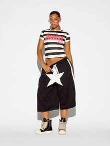 SUMWON WOMEN Est 2023 Striped Crop Crew Neck Short Sleeve Slim Fit Tee Logo Print Summer Festival Top - Black and White - View 2