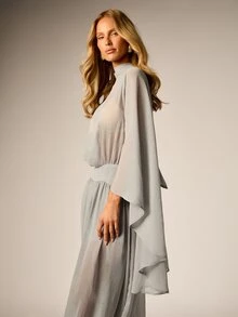 AiiRZ Jumpsuit Chiffon Longgar dengan Kerah Tinggi, Lengan Kelelawar, Detail Ikat Belakang, dan Potongan Kaki Model Harem untuk Acara Malam Musim Panas - Dusty Blue - View 5