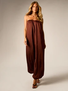 AiiRZ Strapless Satin Wide Leg Full Length Jumpsuit Balloon Hem Backless One Piece Formal Evening Party Holiday Occasion Wear - Brown - View 1