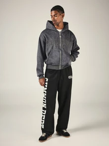 SUMWON Oversized Wide Leg Black Sweatpants With Bold Vertical Side Leg Logo Print And Drawstring Waist - Black - View 3