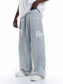 SUMWON NY Applique Wide Leg Sweatpants With Patch Pockets Drawstring Waist And Side Split Hem Casual Street Style - Grey - View 1
