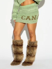 SUMWON WOMEN Rok Mini Rajut Intarsia dengan Studs, Cetakan Teks Canada dan Ban Pinggang Berusuk untuk Musim Gugur, Musim Dingin dan Liburan - Hijau Tentara - View 4