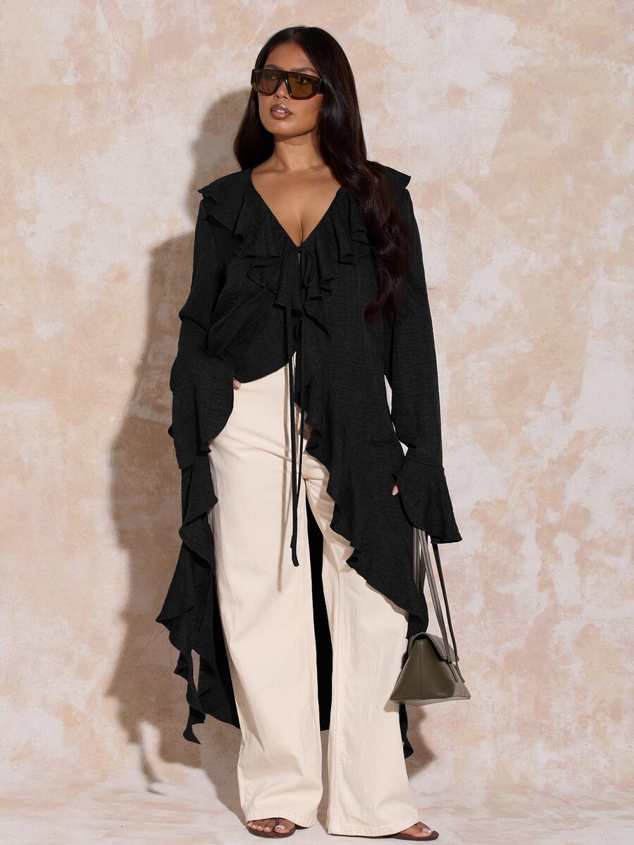 FASHION SZN Plus Size Women Solid Color Ruffle Collar Front Tie Flared Sleeve Fashion Blouse - Black - View 1