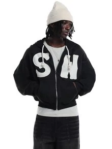 SUMWON Oversized Full-Zip Hoodie With Large SW Applique Letters Rope Drawstring Long Sleeve Winter Fall Streetwear Style - Black - View 2