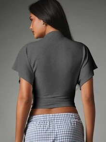 MISSGUIDED Mock Neck Cropped Top With Flutter Sleeves And Ruched Waist Detail Casual Spring Summer Everyday Wear - Dark Grey - View 5