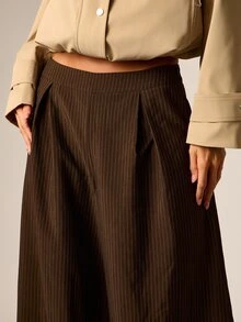 AiiRZ Oversized Wide Leg Pinstripe Dress Pants High Rise Pleated Palazzo Trousers Tailored Full Length Fall Winter Office Wear - Brown - View 5