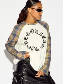 SUMWON WOMEN Oversized State 1990 Gothic Text Circle Print Raglan Long Sleeve Crew Neck Color Block Plaid Sleeve Top - Multicolor - View 6