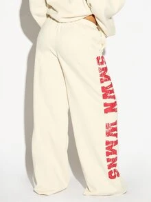 SUMWON WOMEN Winter Essentials Oversized Wide Leg Fleece Sweatpants With Varsity Leg Print And Elastic Waist For Casual Everyday Streetwear Fall Winter Autumn Warm Cozy - White - View 2