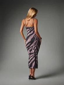 MISSGUIDED Zebra Print Satin Midi Dress With Sweetheart Neckline Spaghetti Straps Bodycon Silhouette Evening Party Holiday - Multicolor - View 3