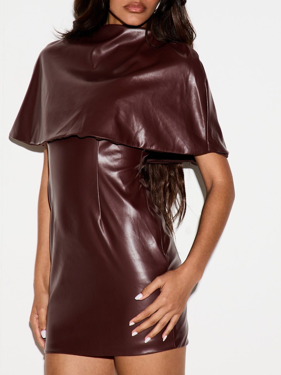 KIZN Faux Leather Bodycon Mini Dress With Cape Overlay