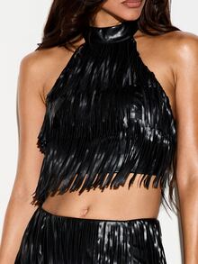 KIZN Faux Leather Fringe Halter Crop Top With High Neck And Open Back Clasp Festival Party Night Out Style - Black - View 5