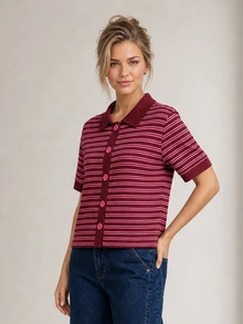 ELLERISSA Burgundy Stripe Collared Short Sleeve Button Front Knit Cardigan Top - Multicolor - View 3