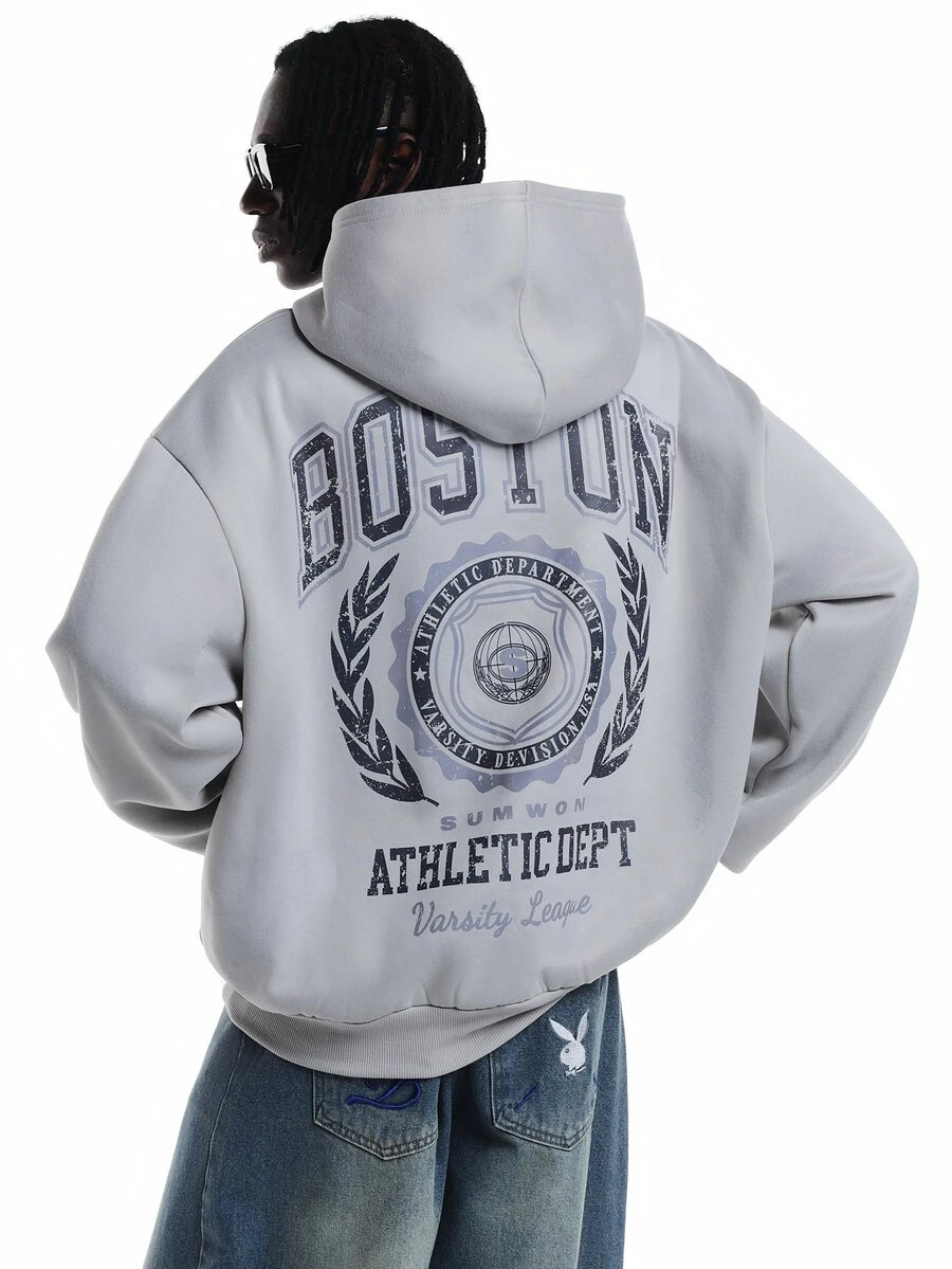 SUMWON Boston Varsity Collegiate Graphic Oversized Pullover Hoodie With Centre Pocket And Back Logo Print - Grey - View 1