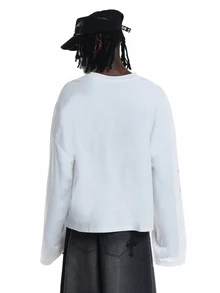 SUMWON Oversized Long Sleeve Crew Neck Tee With Gothic Cross Graphic And Script Sleeve Print Street Style Casual Top - White - View 3