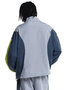 SUMWON Color Block Oversized Windbreaker Jacket With Full Zip Closure Mandarin Collar And Large Chest Logo Graphic Neon Accent Sleeves - Multicolor - View 2