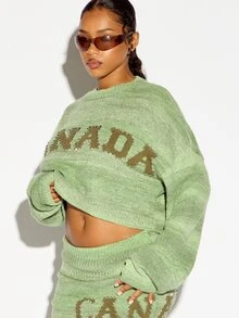 SUMWON WOMEN Canada Intarsia Text Rhinestone Detail Crew Neck Oversized Crop Sweater Knit Pullover Fall Winter Festive Holiday Season - Army Green - View 6