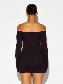 SUMWON WOMEN Oversized Cold Shoulder Bodycon Mini Dress With Long Fitted Sleeves And Chest Script Logo Detail For Party And Night Out - Black - View 5