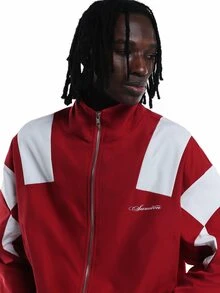SUMWON Oversized Color Block Windbreaker Jacket With Full Zip Closure Mandarin Collar And Elasticated Hem And Cuffs - Red and White - View 4