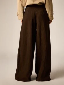 AiiRZ Oversized Wide Leg Pinstripe Dress Pants High Rise Pleated Palazzo Trousers Tailored Full Length Fall Winter Office Wear - Brown - View 3