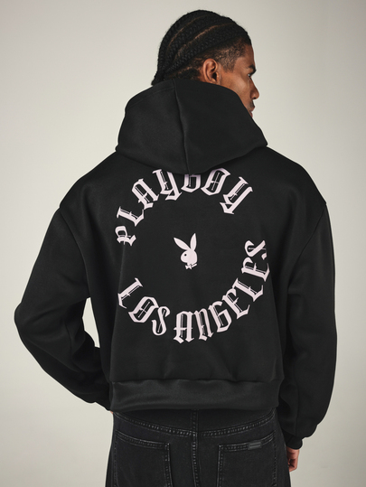 PLAYBOY X SUMWON Los Angeles Old English Grafik Desenli Tavşan Logolu Göğüs Baskılı ve Tam Arka Baskılı Oversize Kapüşonlu Sweatshirt