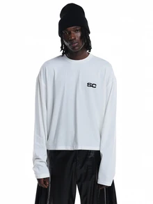 SUMWON Club Boxy Crop Long Sleeve Tee With Embroidered Logo And Back Text Print Crew Neck Casual Top - White - View 2