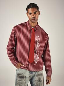 SUMWON Oversized Vertical Striped Long Sleeve Button-Up Shirt With Cursive Script Logo Print Collared Casual Streetwear Top - Red - View 4